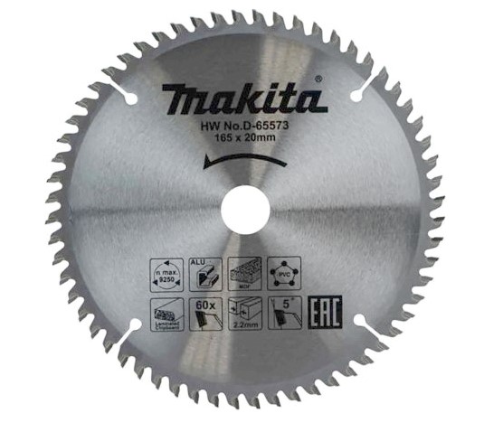 Диск пильный Makita 165х20мм,60зуб, д\алюминия\дерева\пластика D-65573