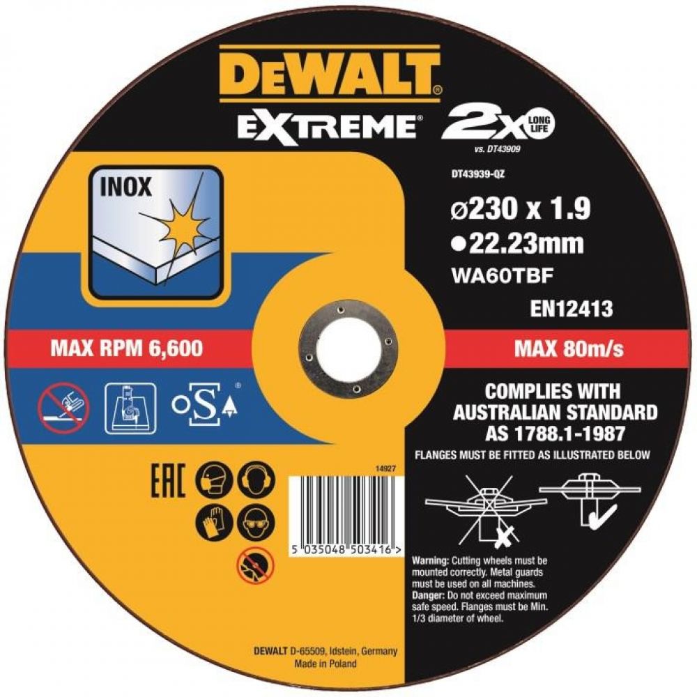 Круг отрезной Dewalt по металлу EXTREME, 230x22.2x1.9мм, тип41, DT43939-QZ