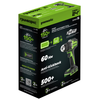 Дрель-шуруповерт акк. Greenworks DD560, 24V, б/щет, 30/60 Нм,13мм, Anti-kickback,1х4Ач,ЗУ,кор (3708407CUB)