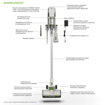 Пылесос вертикальный акк. Greenworks SV24360 (24V, 250Вт, 17кПа, эл.щетка, 2нас., без АКБ) 4702107